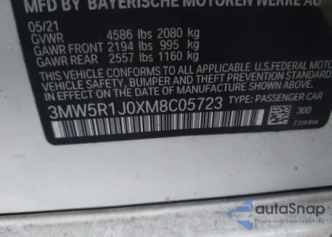 2021 BMW 330I z USA, uszkodzony, nr VIN 3MW5R1J0XM8C05723